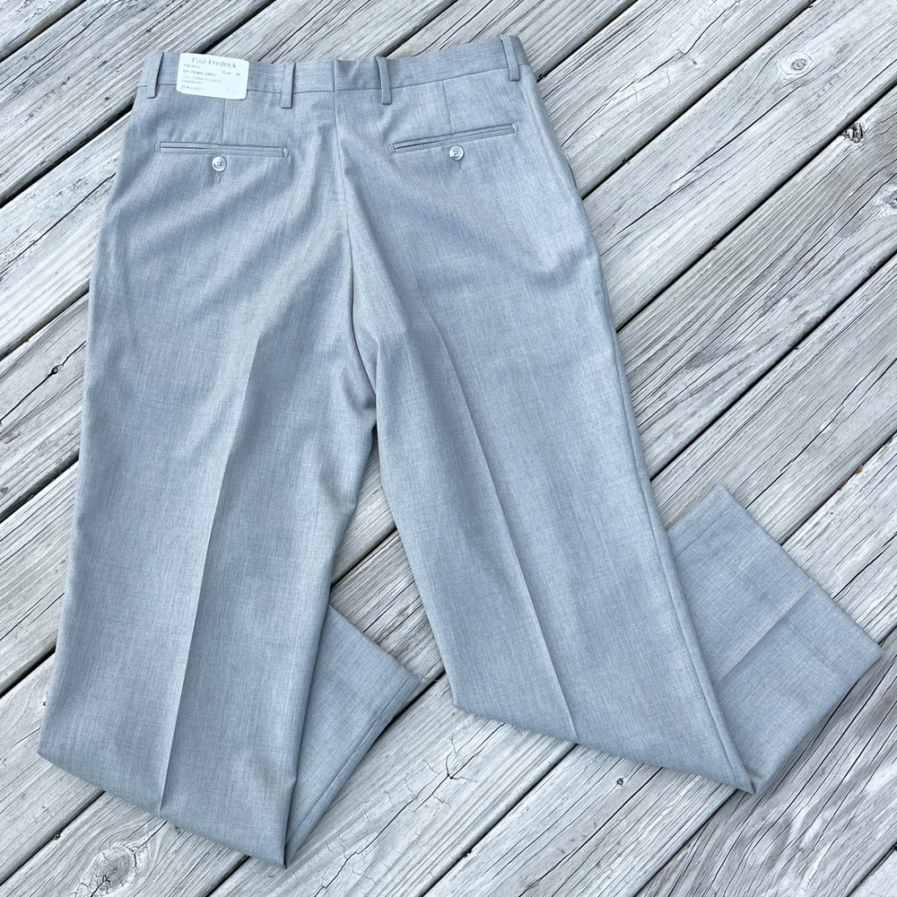 Paul Fredrick Mens 36 Worsted Wool Gabardine Dress Pants in Pearl Grey NWT